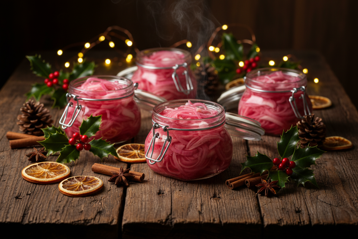 Festive Pickled Red Onions Wide Shot